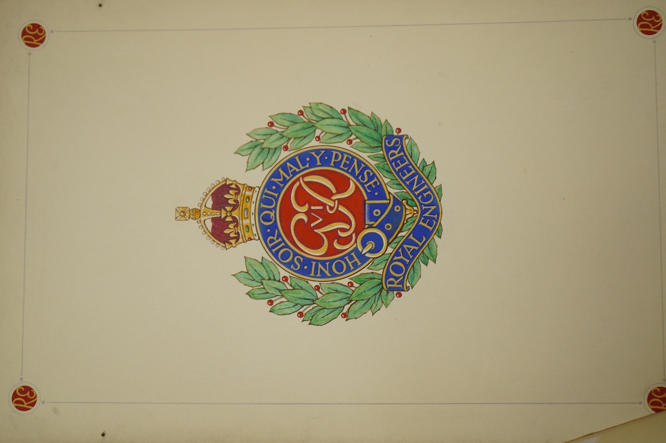 A set of five original WWII watercolours for postcard designs, Badges of the Services to include ‘Royal Artillery’, ‘Royal Engineers’ and ‘’Royal Army Medical Corps’, unsigned, unframed, 18 x 29cm. Condition - fair